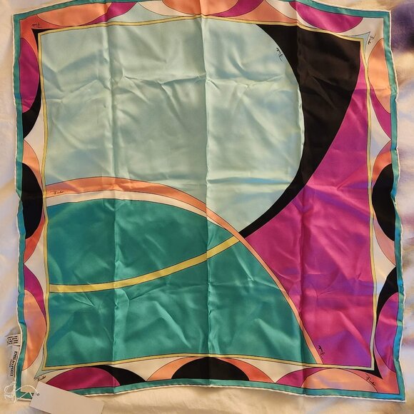 🎈 [Emilio Pucci] SILK Printed Scarf Foulards ITALY Pink Green Black White NEW - Picture 5 of 10
